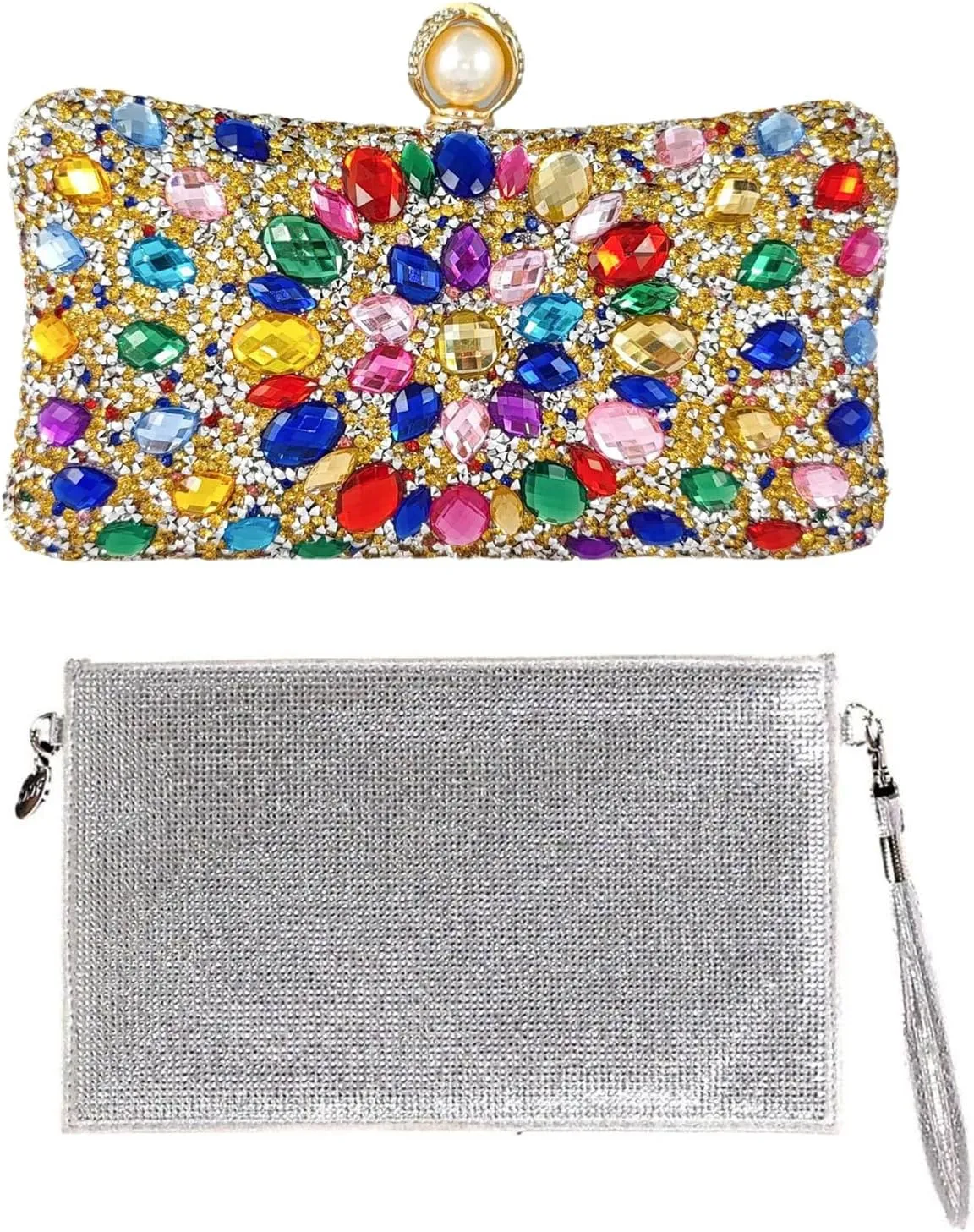 Boutique De FGG Colorful Gold Pearl Rhinestone Evening Bags and Silver Envelope Clutch Purses Bundle Items