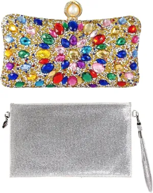 Boutique De FGG Colorful Gold Pearl Rhinestone Evening Bags and Silver Envelope Clutch Purses Bundle Items