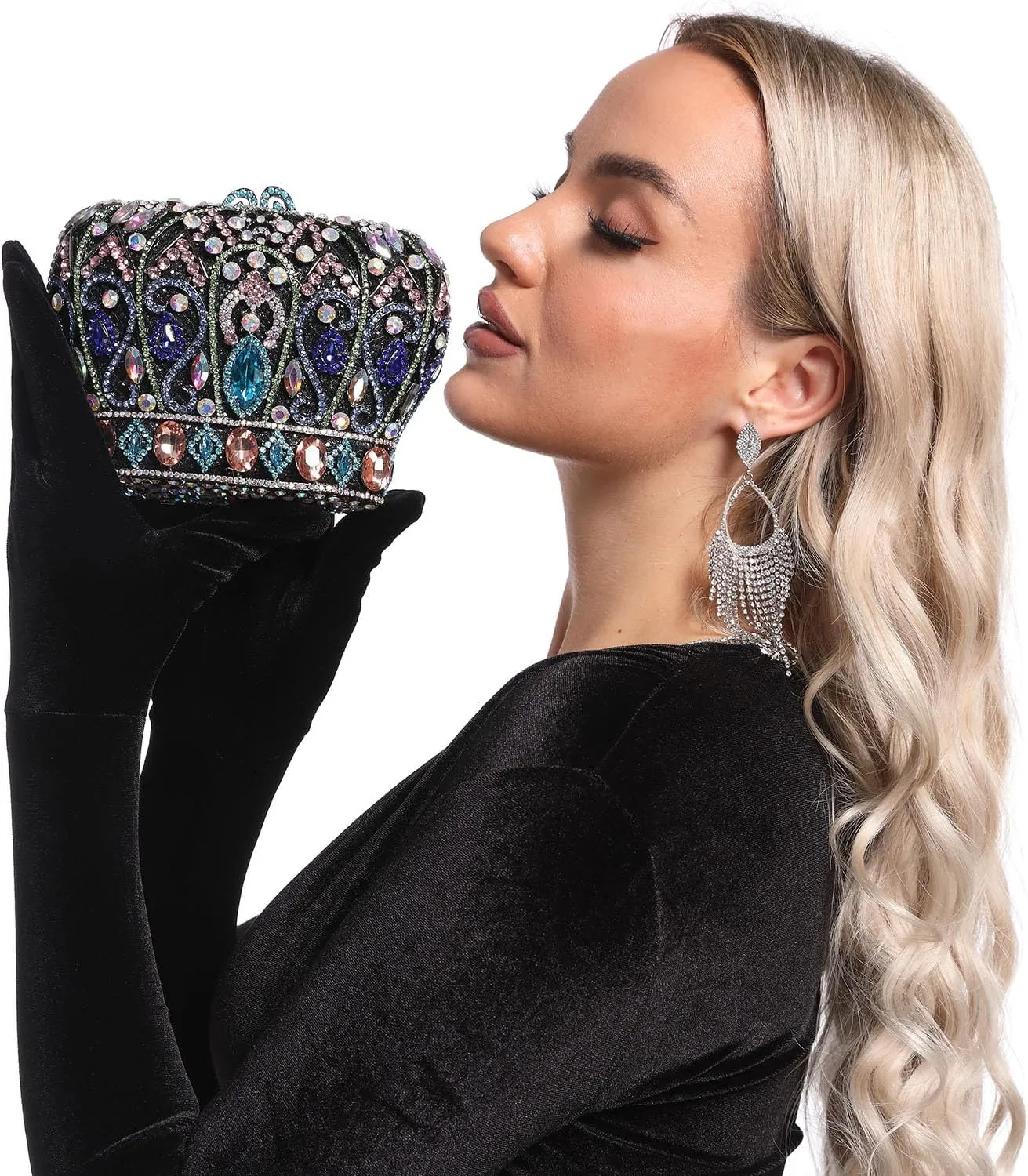Boutique De FGG Crown Crystal Clutch Purse Women Formal Evening Minaudiere Handbags Party Dinner Rhinestone Clutch Bag,Mini