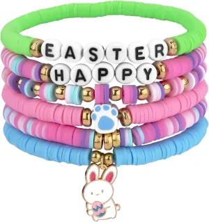 BOXOB 6pcs Easter Bracelets for Women, 6 Style Colourful Easter Clay Bead Bracelets Elastic Stackable Easter Friendship Bracelets Heishi Surfer Bracelets for Holiday Gift