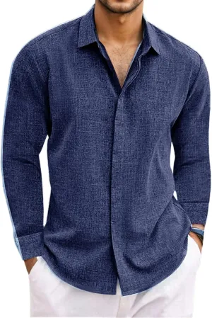 Button Down Linen Shirts for Men Casual Long Sleeve Dress Shirts Light Summer Beach Shirts Solid Stylish Vacation Tops