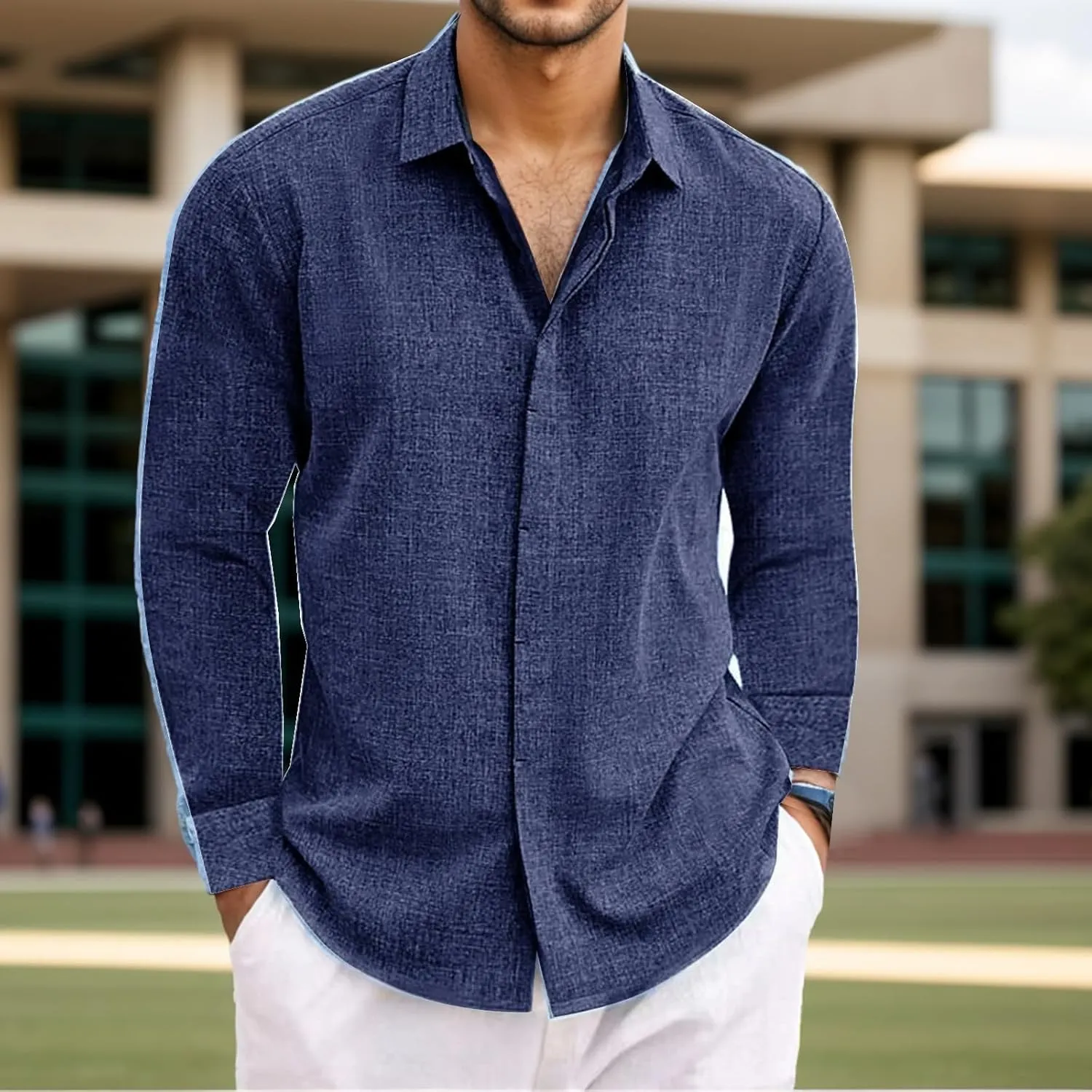 Button Down Linen Shirts for Men Casual Long Sleeve Dress Shirts Light Summer Beach Shirts Solid Stylish Vacation Tops