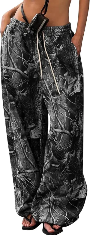 Camo Pants for Women High Waist Baggy Wide Leg Camouflage Jean Trousers Pockets Cargo Y2k Pocket Joggers Sweatpants