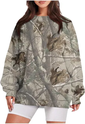 Camo Sweatshirt for Women Maple-Leaf Print Camo Crewneck Sweatshirts Long Sleeve Oversized Sweater Pullover Casual Tops