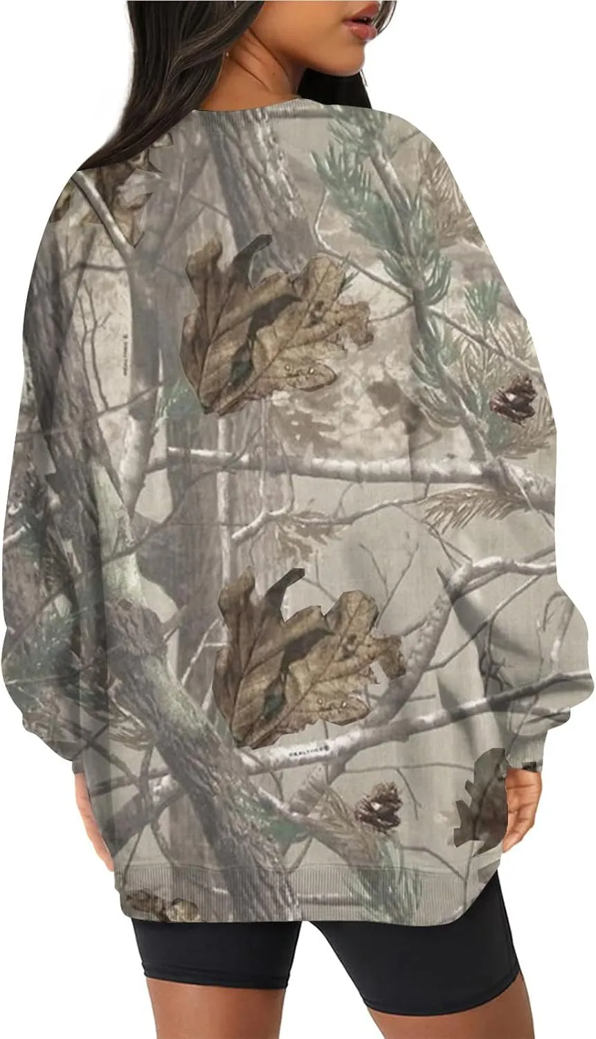 Camo Sweatshirt for Women Maple-Leaf Print Camo Crewneck Sweatshirts Long Sleeve Oversized Sweater Pullover Casual Tops