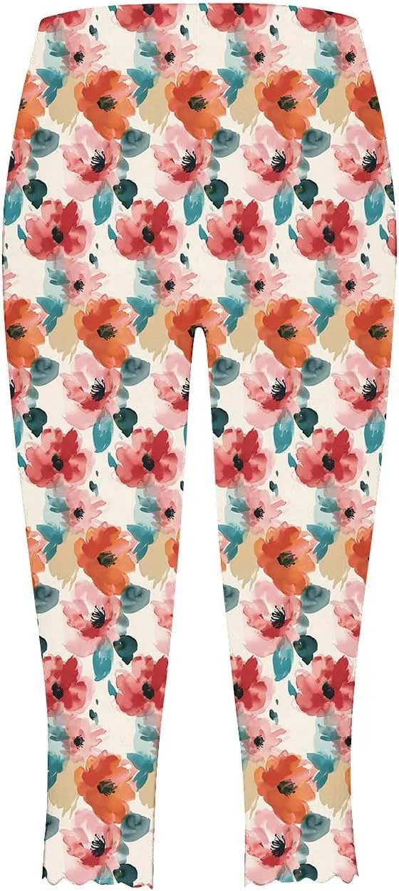 Capri Leggings for Women Floral Print High Waist Capris Pants Tummy Control Knee Length Slim Fit Yoga Trouser 2025