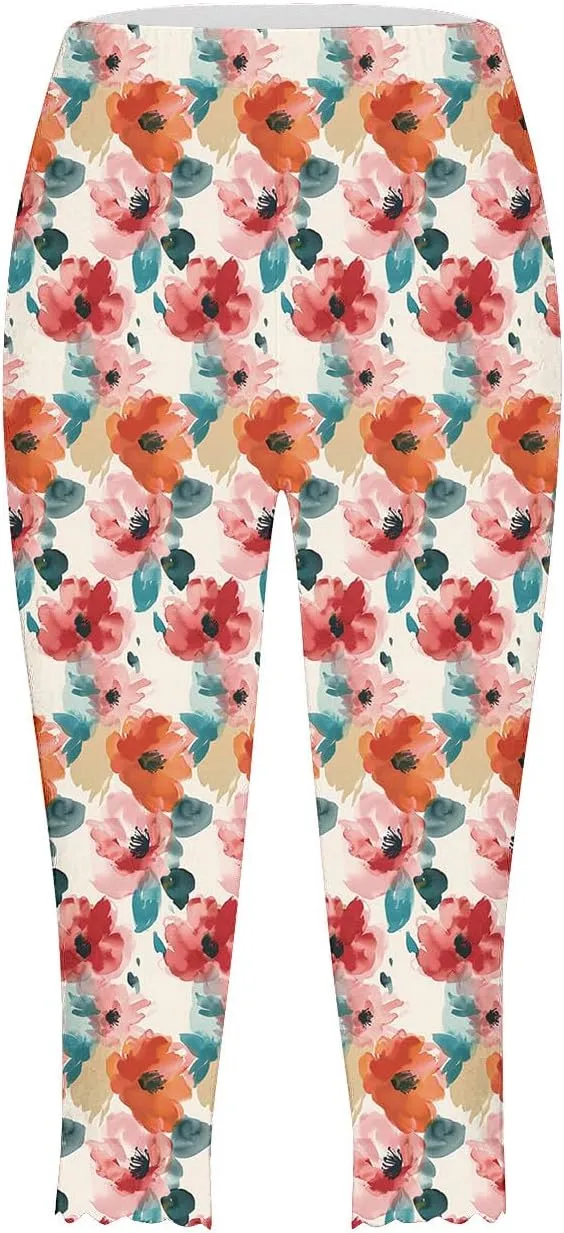 Capri Leggings for Women Floral Print High Waist Capris Pants Tummy Control Knee Length Slim Fit Yoga Trouser 2025