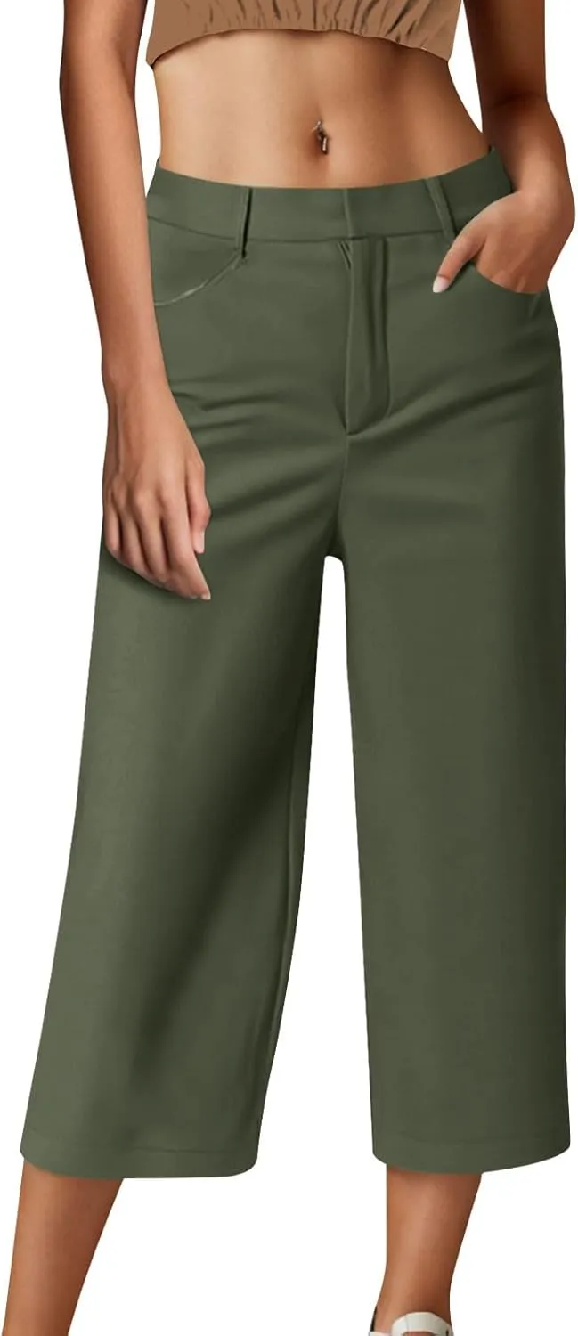 Capri Pants for Women Summer 2025 Casual Dress Pants Button Zipper Straight Leg Cropped Trouser Loose Office Suit Trousers
