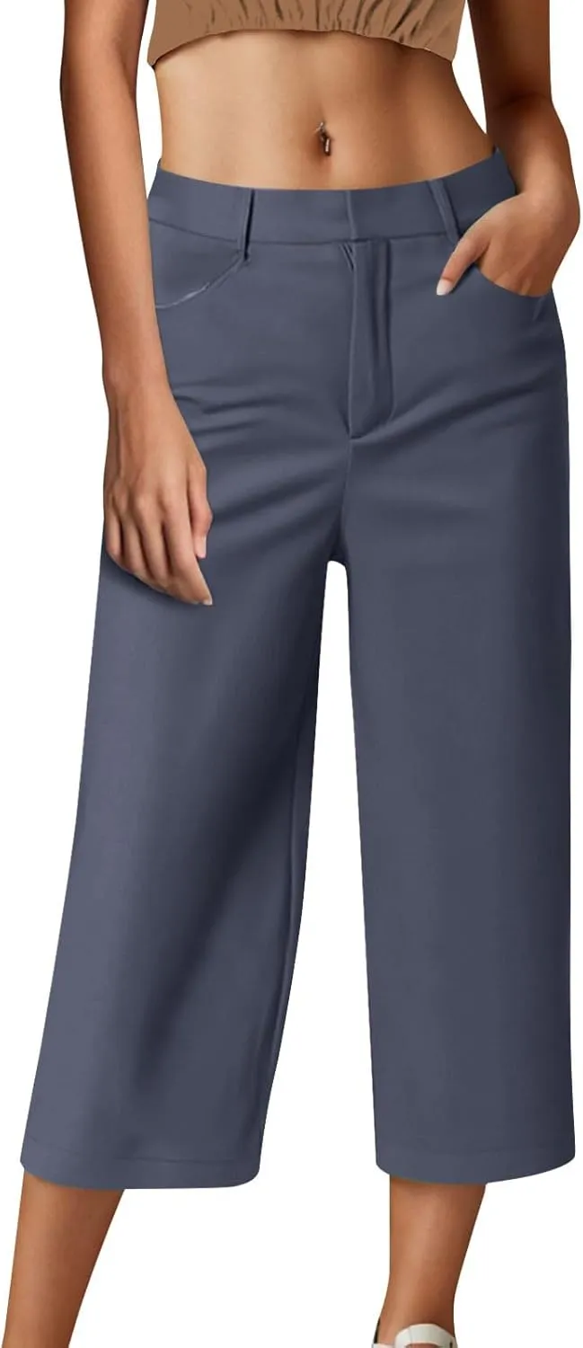 Capri Pants for Women Summer 2025 Casual Dress Pants Button Zipper Straight Leg Cropped Trouser Loose Office Suit Trousers