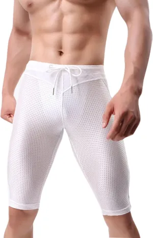Capri Swimming Shorts for Men Mid Rise Drawstring Elastic Waist Skinny Mesh Leggings Slim Fit Breathable Short Pants