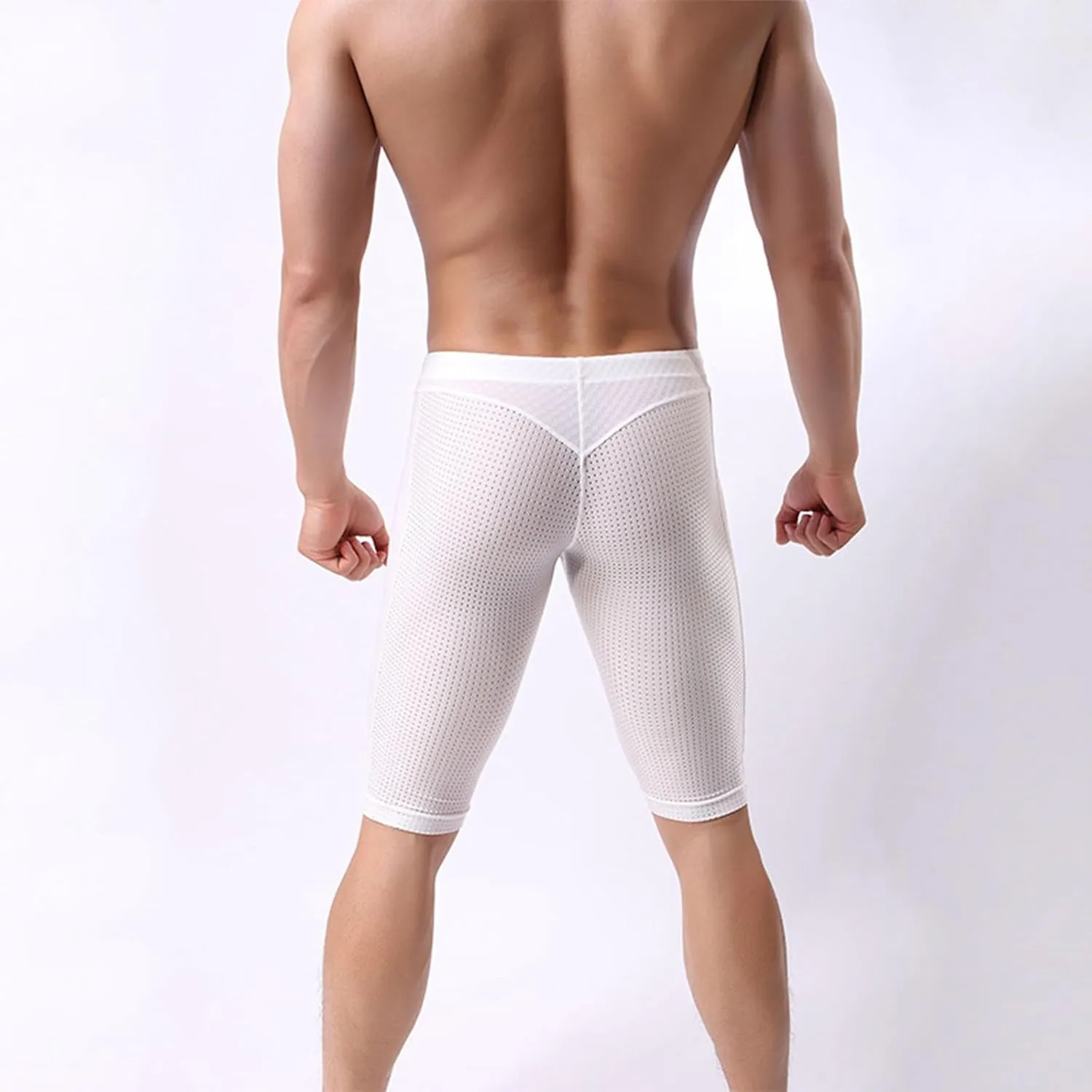 Capri Swimming Shorts for Men Mid Rise Drawstring Elastic Waist Skinny Mesh Leggings Slim Fit Breathable Short Pants