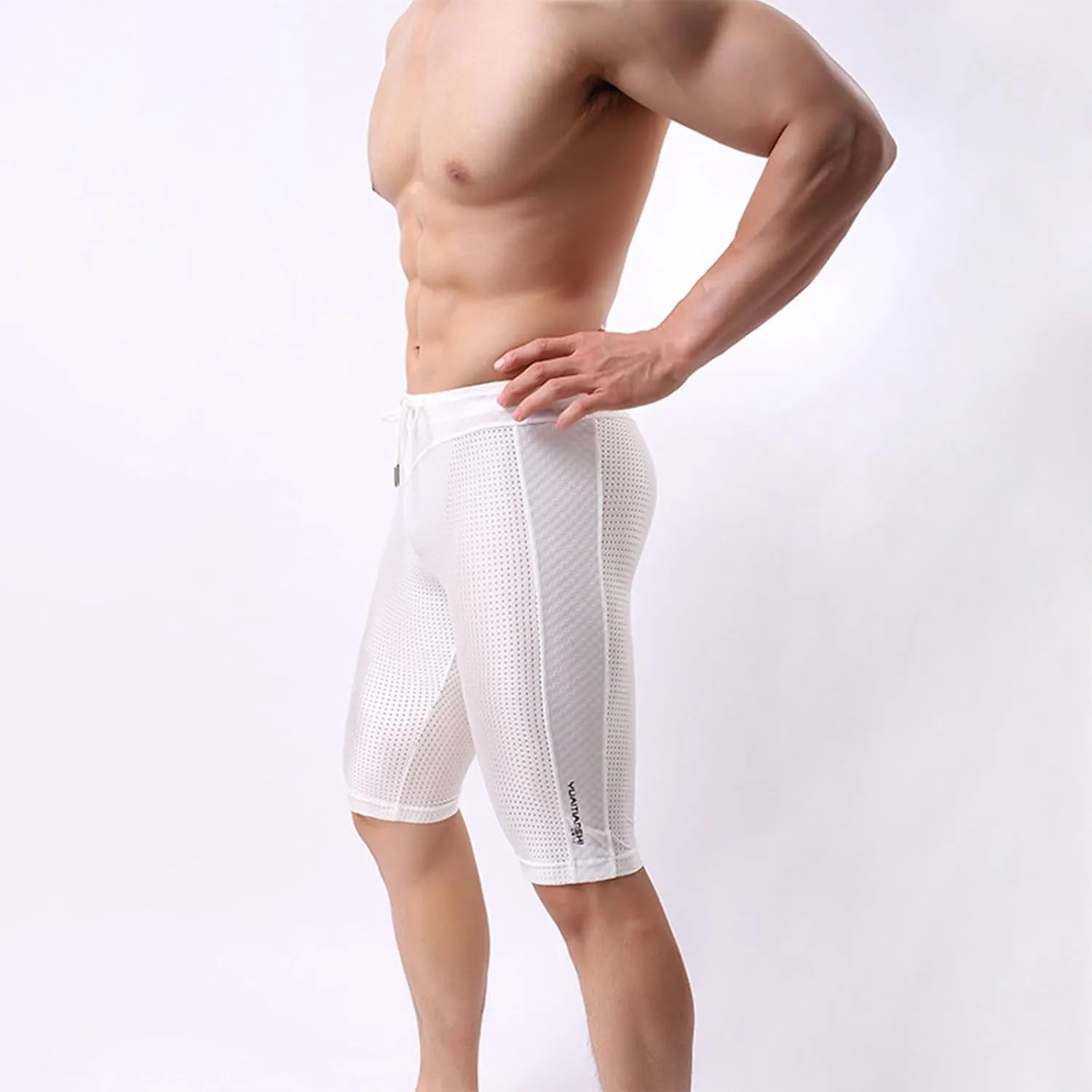 Capri Swimming Shorts for Men Mid Rise Drawstring Elastic Waist Skinny Mesh Leggings Slim Fit Breathable Short Pants