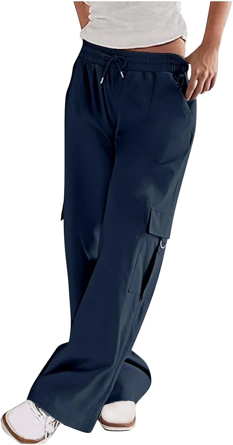 Cargo Pants for Women Wide Leg Casual Athletic Pants Trendy Drawstring Elastic Waist Palazzo Trousers with Pockets