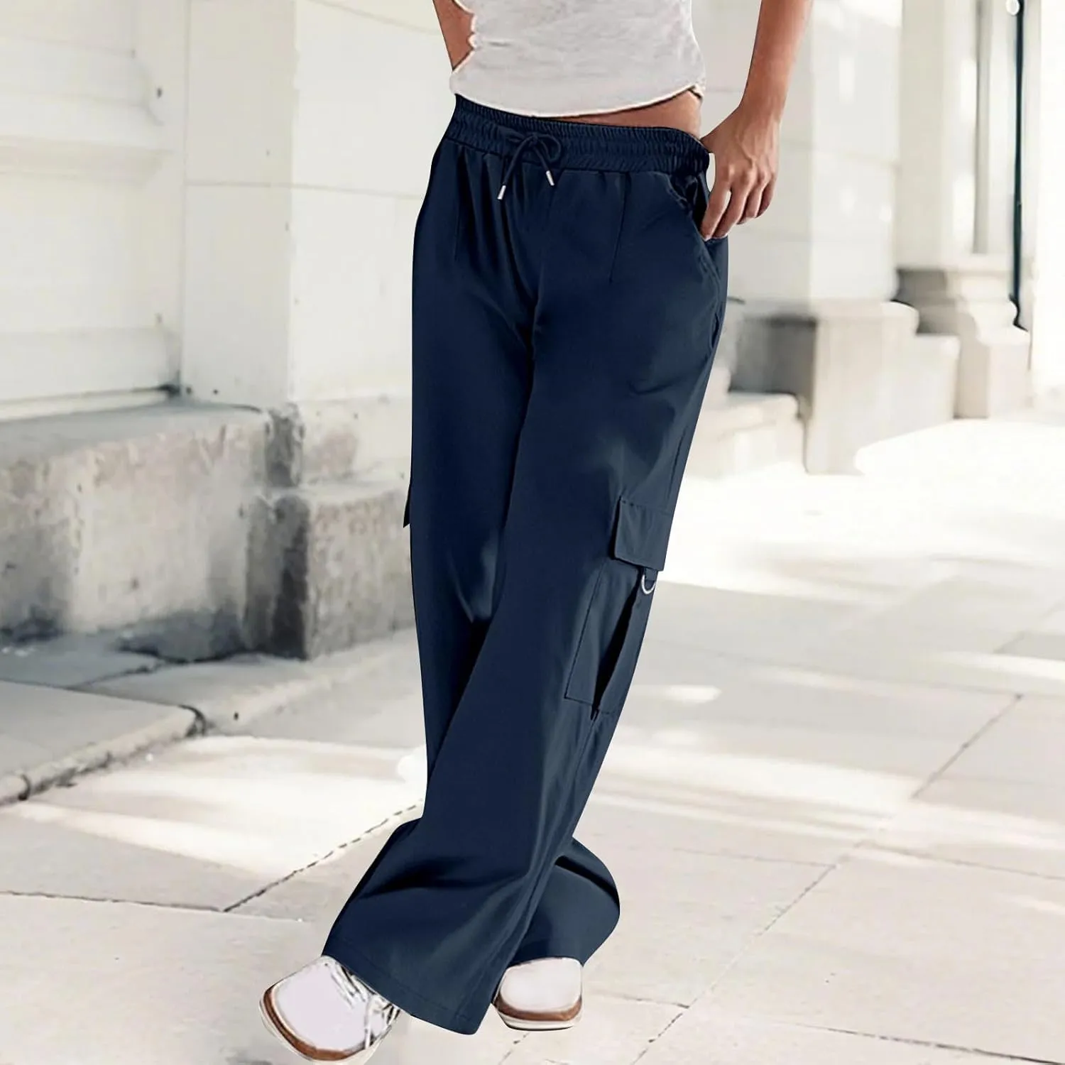 Cargo Pants for Women Wide Leg Casual Athletic Pants Trendy Drawstring Elastic Waist Palazzo Trousers with Pockets