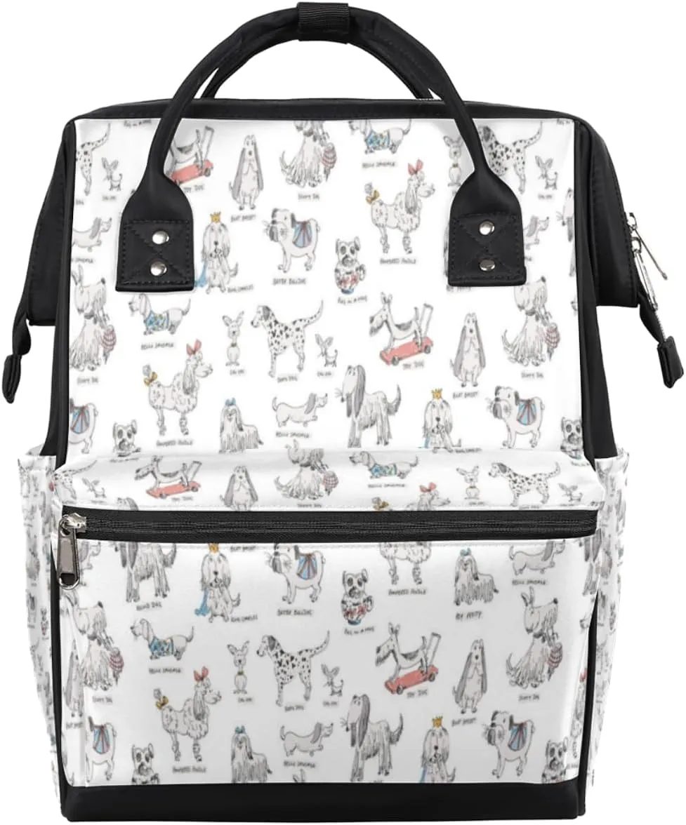 Cartoon Dog Sketch Print Diaper Bag Tote Large Capacity Waterproof with Adjustable Shoulder Strap and Pram Straps Mommy Bag for Hospital Beach Weekender Travel