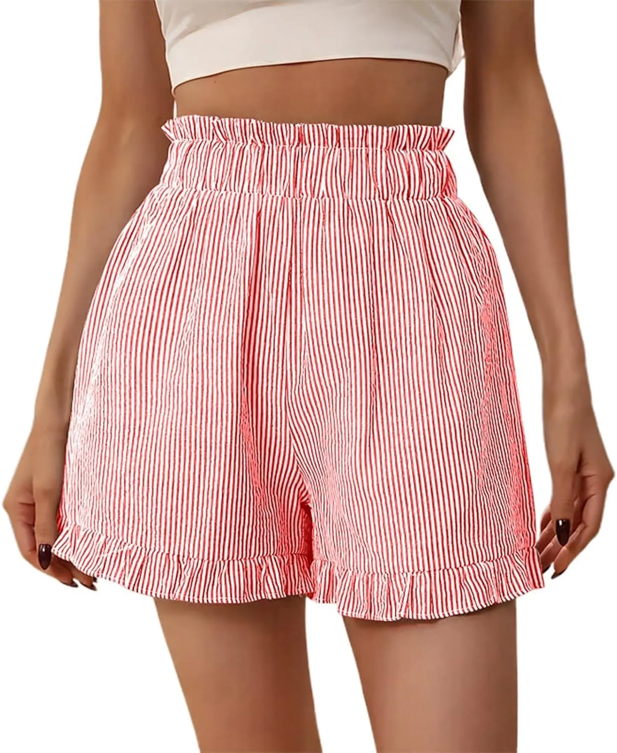 Casual Shorts for Women Summer High Waisted Striped Wide Leg Shorts Loose Fit Ruffled Breathable Comfort Trendy Skorts