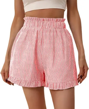 Casual Shorts for Women Summer High Waisted Striped Wide Leg Shorts Loose Fit Ruffled Breathable Comfort Trendy Skorts