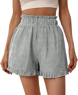Casual Shorts for Women Summer High Waisted Striped Wide Leg Shorts Loose Fit Ruffled Breathable Comfort Trendy Skorts