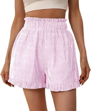 Casual Shorts for Women Summer High Waisted Striped Wide Leg Shorts Loose Fit Ruffled Breathable Comfort Trendy Skorts