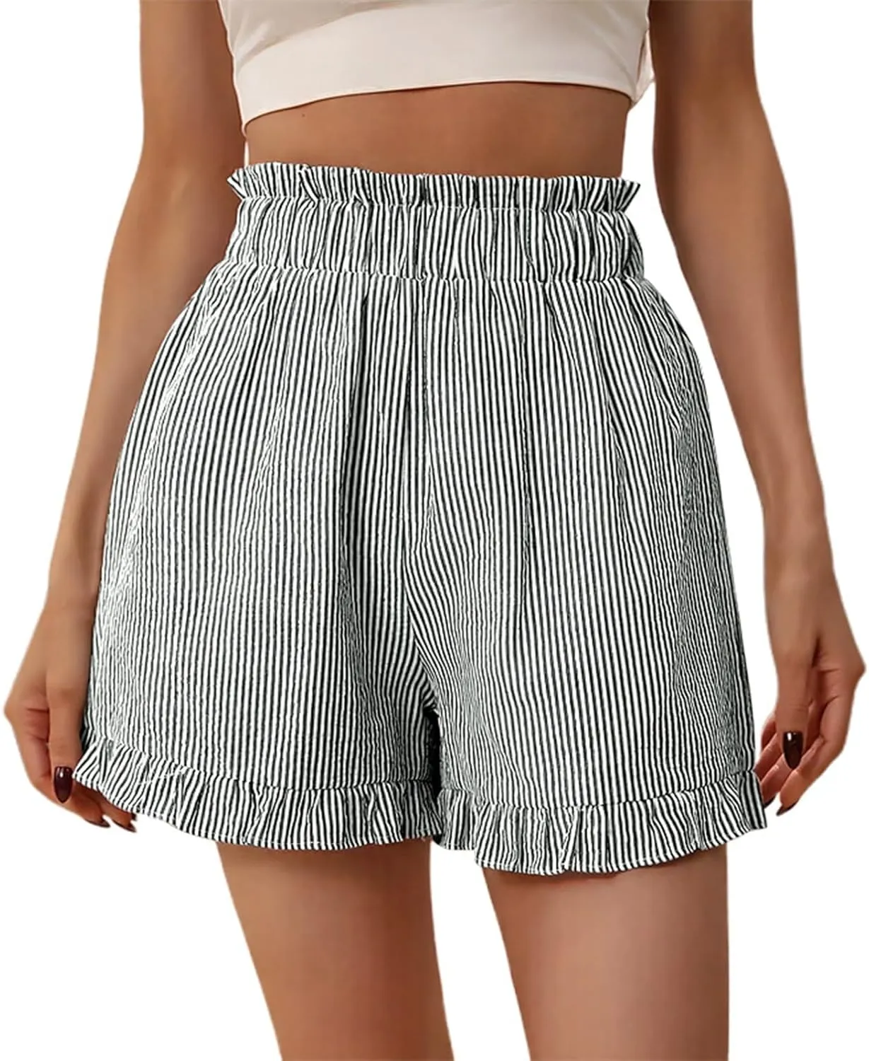 Casual Shorts for Women Summer High Waisted Striped Wide Leg Shorts Loose Fit Ruffled Breathable Comfort Trendy Skorts
