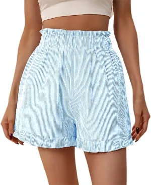 Casual Shorts for Women Summer High Waisted Striped Wide Leg Shorts Loose Fit Ruffled Breathable Comfort Trendy Skorts