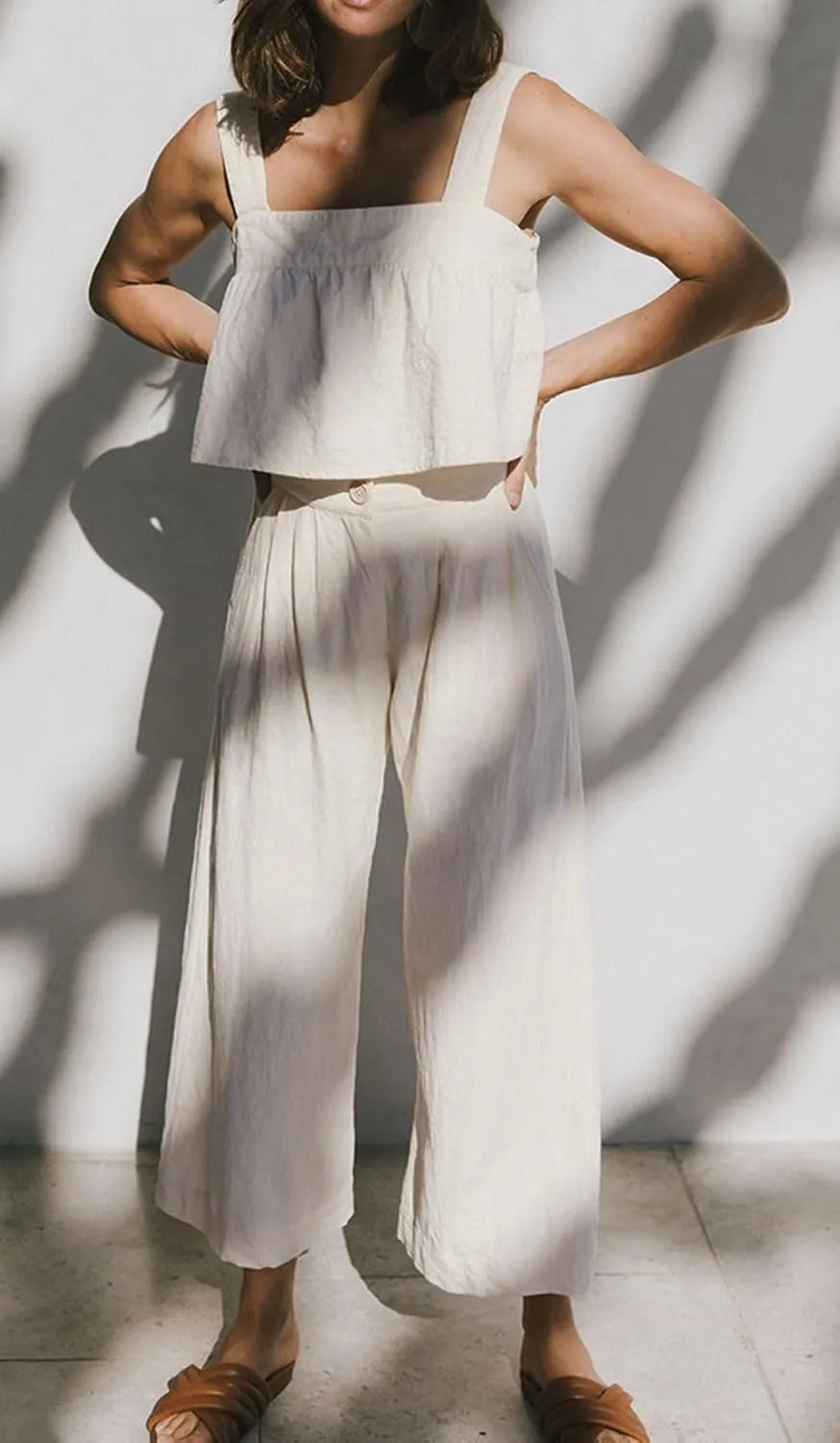 CHARTOU Women Summer Linen Pants Wide Leg Palazzo Capri Trousers Cropped Pants