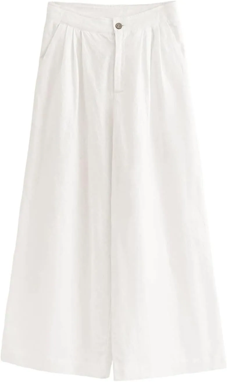 CHARTOU Women Summer Linen Pants Wide Leg Palazzo Capri Trousers Cropped Pants