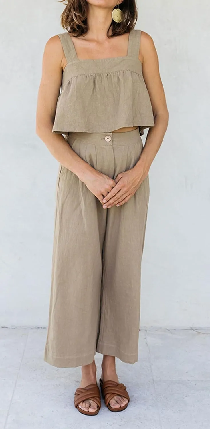 CHARTOU Women Summer Linen Pants Wide Leg Palazzo Capri Trousers Cropped Pants