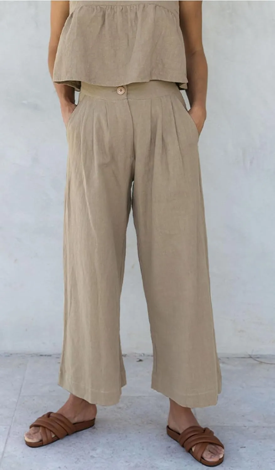 CHARTOU Women Summer Linen Pants Wide Leg Palazzo Capri Trousers Cropped Pants