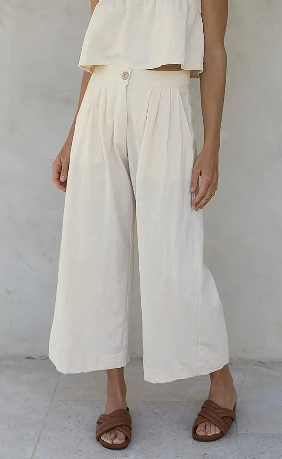 CHARTOU Women Summer Linen Pants Wide Leg Palazzo Capri Trousers Cropped Pants