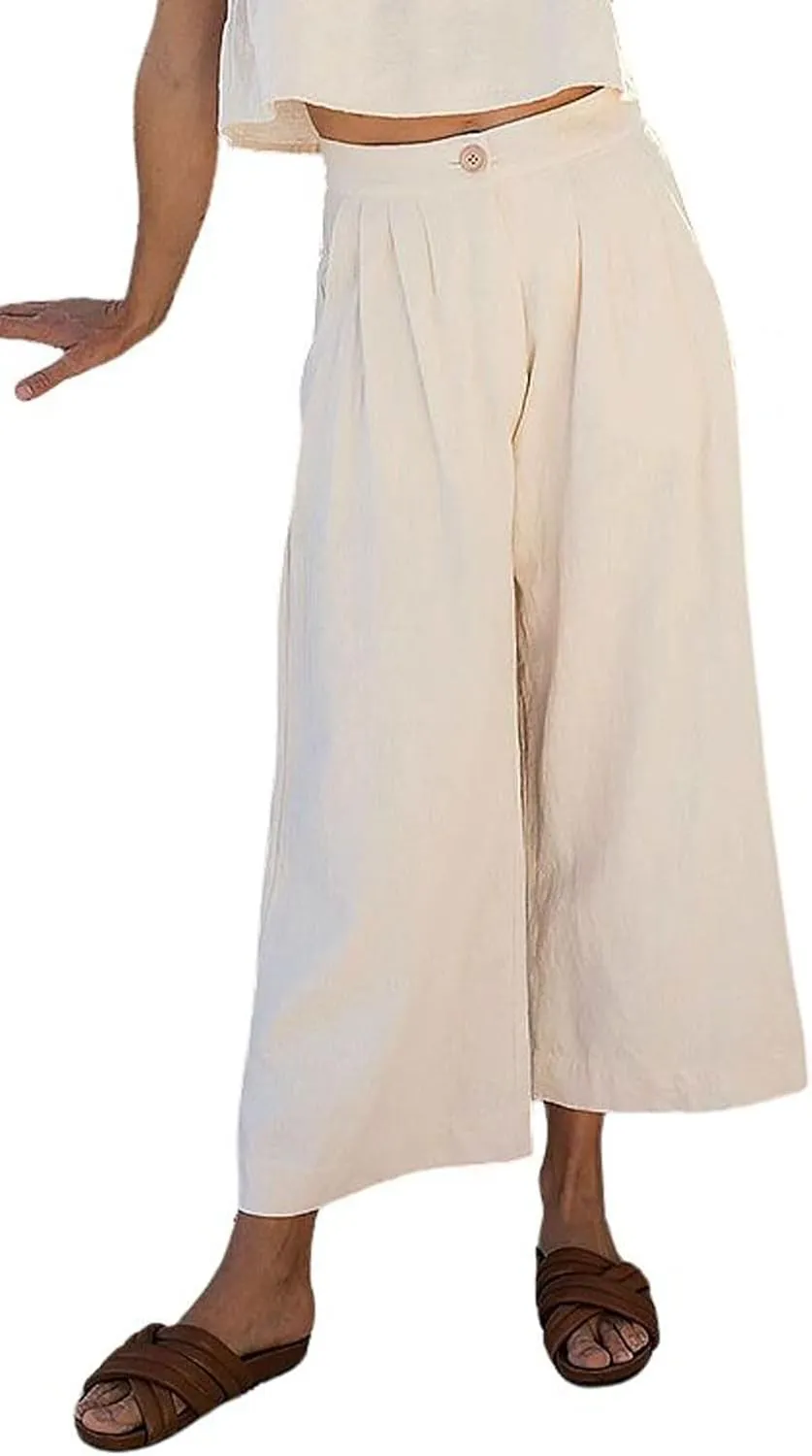 CHARTOU Women Summer Linen Pants Wide Leg Palazzo Capri Trousers Cropped Pants
