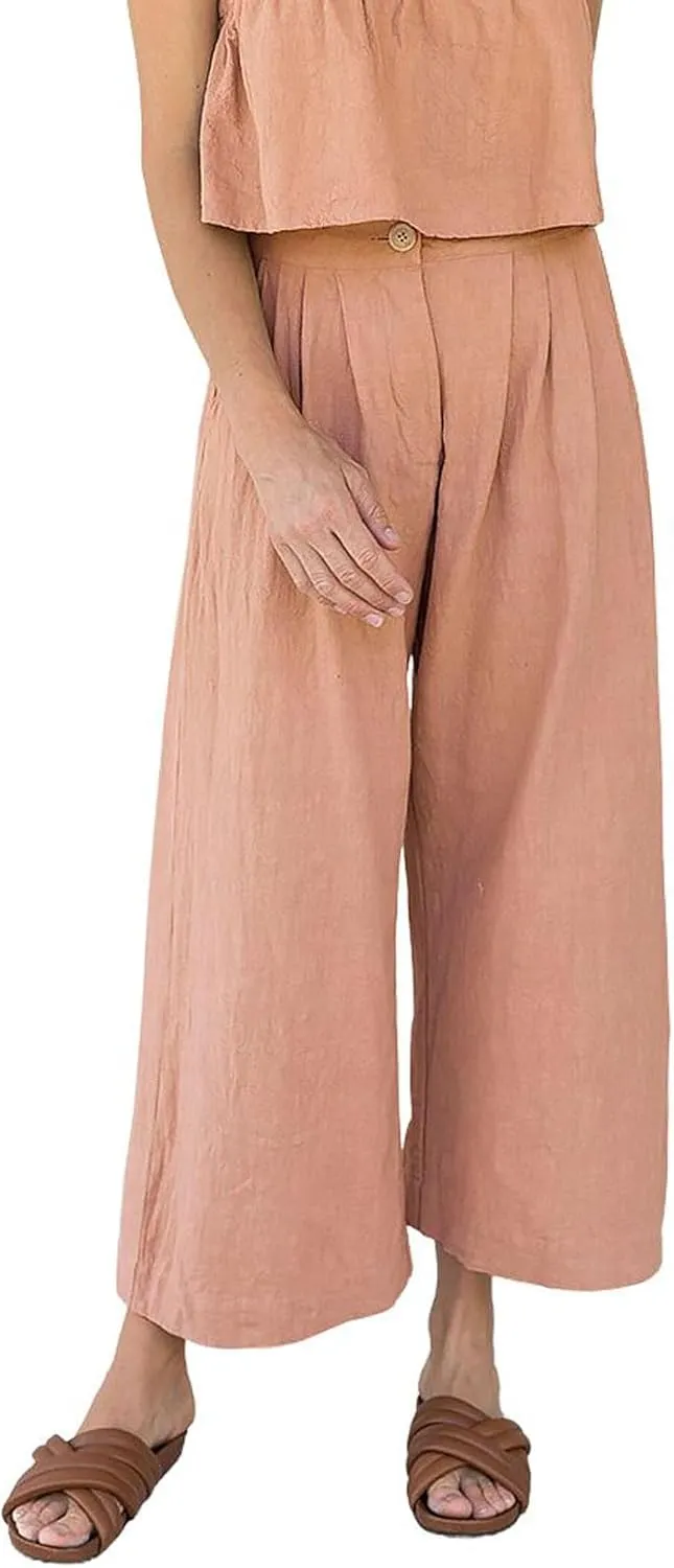 CHARTOU Women Summer Linen Pants Wide Leg Palazzo Capri Trousers Cropped Pants