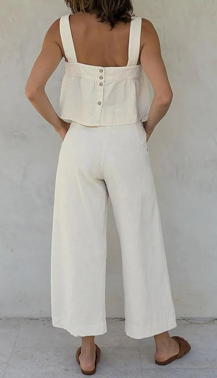 CHARTOU Women Summer Linen Pants Wide Leg Palazzo Capri Trousers Cropped Pants