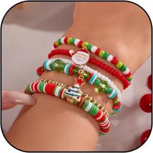 Christmas Bracelets for Women Cute Xmas Bracelets Handmade Clay Beads Letter Stretch Bracelets Bulk Holiday Jewelry Gift