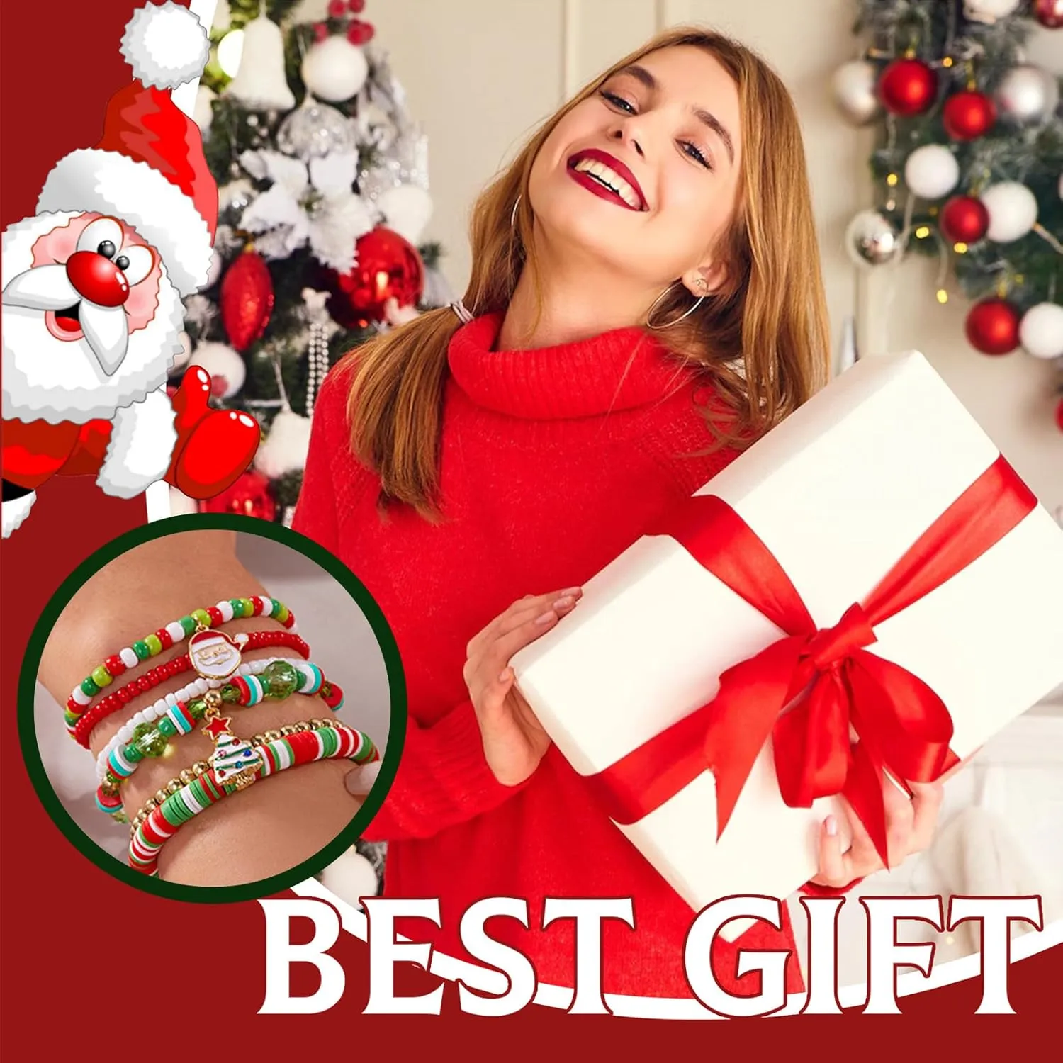 Christmas Bracelets for Women Cute Xmas Bracelets Handmade Clay Beads Letter Stretch Bracelets Bulk Holiday Jewelry Gift