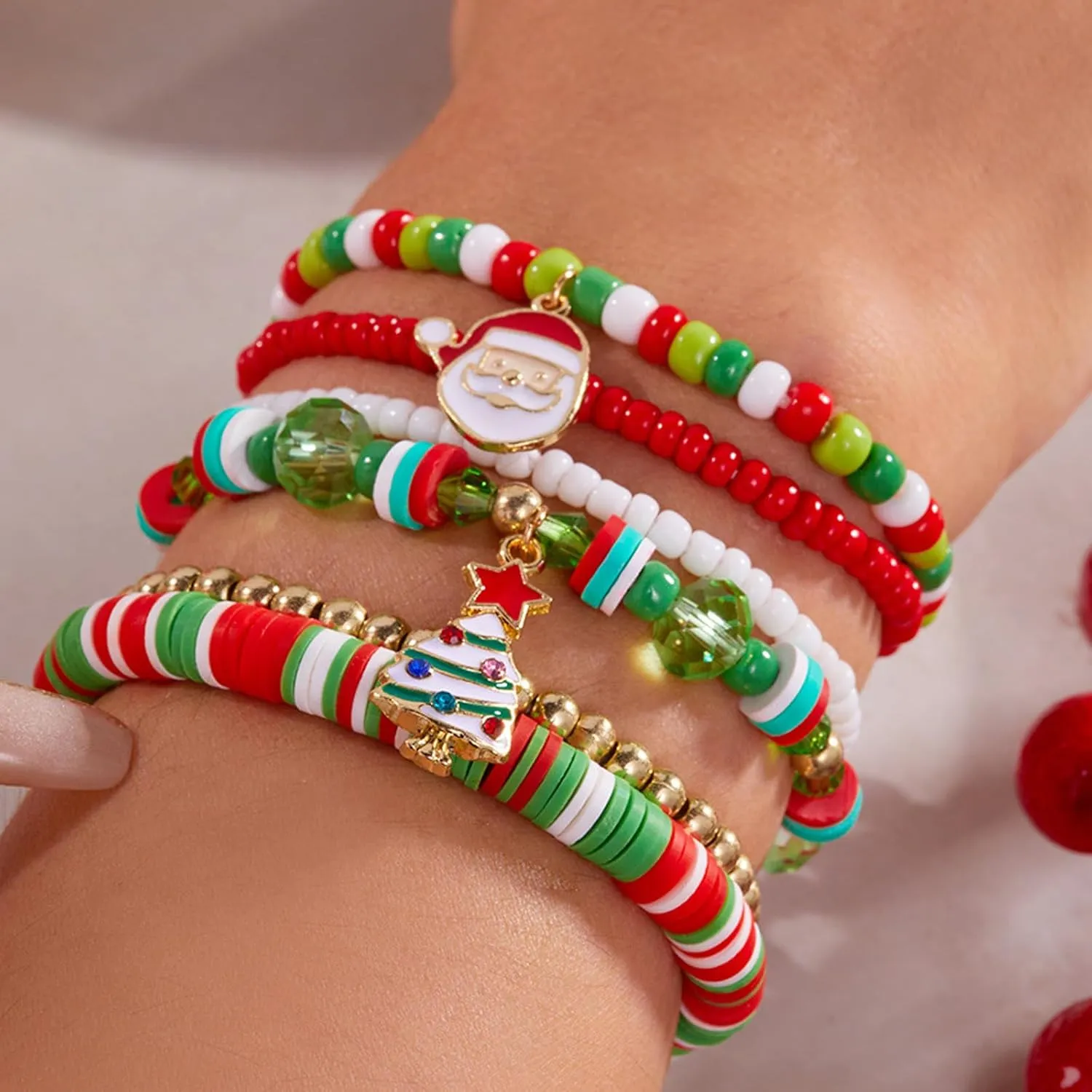Christmas Bracelets for Women Cute Xmas Bracelets Handmade Clay Beads Letter Stretch Bracelets Bulk Holiday Jewelry Gift