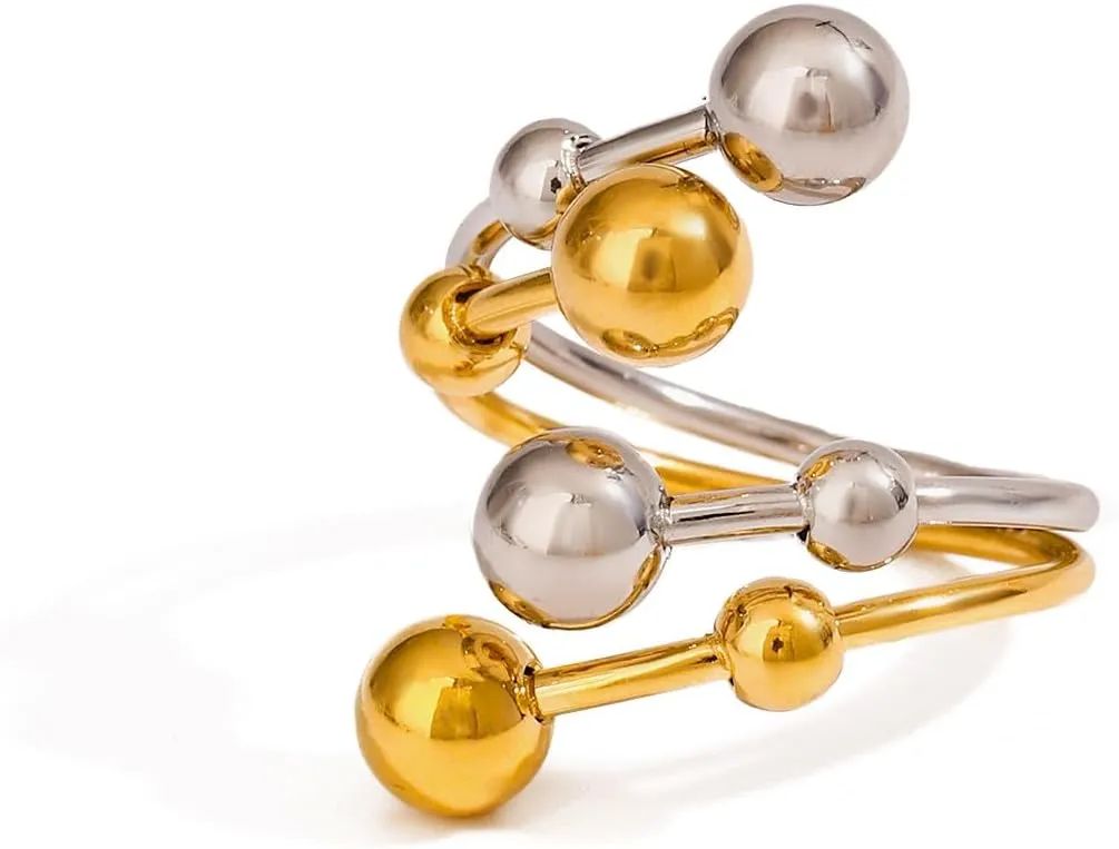 Chunky Statement Ring, 18K Gold Plated Stainless Steel Adjustable Waterproof Stackable Rings With Color-Blocking Ball Design Trendy Hypoallergenic Jewelry For Women Simple Fashion Gift