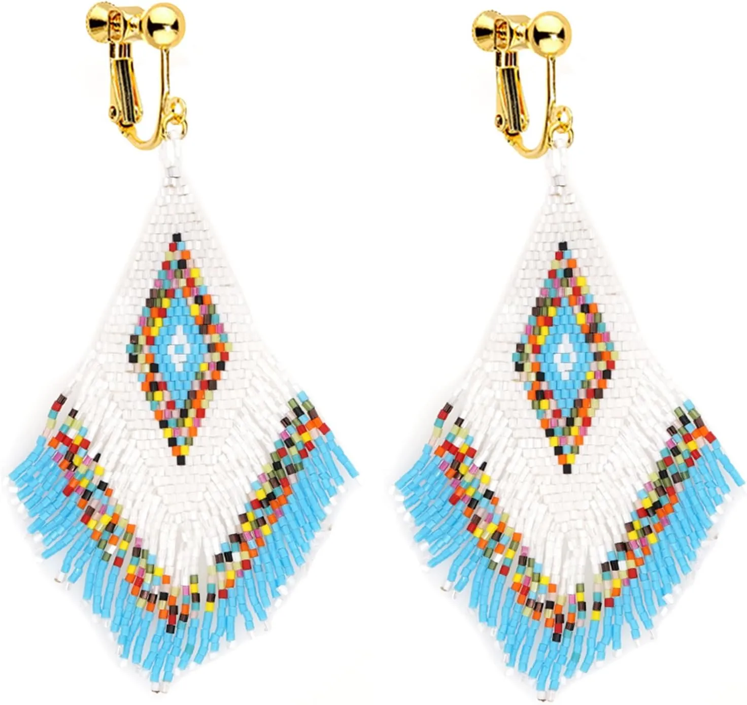 Clip on Dangling Earrings Long Tassel Beaded Boho Stripe Bohemian Earrings No Pierced Seed Bead Tribal Drop Jewelry for Women Party Yellow Blue pink Green Black