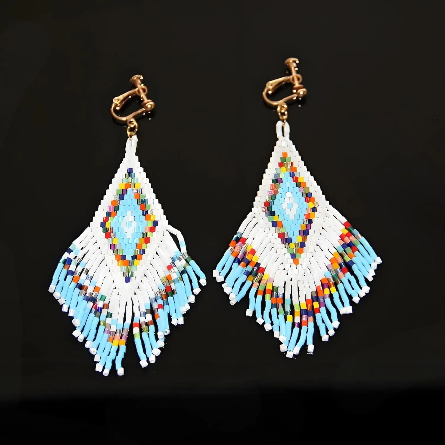 Clip on Dangling Earrings Long Tassel Beaded Boho Stripe Bohemian Earrings No Pierced Seed Bead Tribal Drop Jewelry for Women Party Yellow Blue pink Green Black