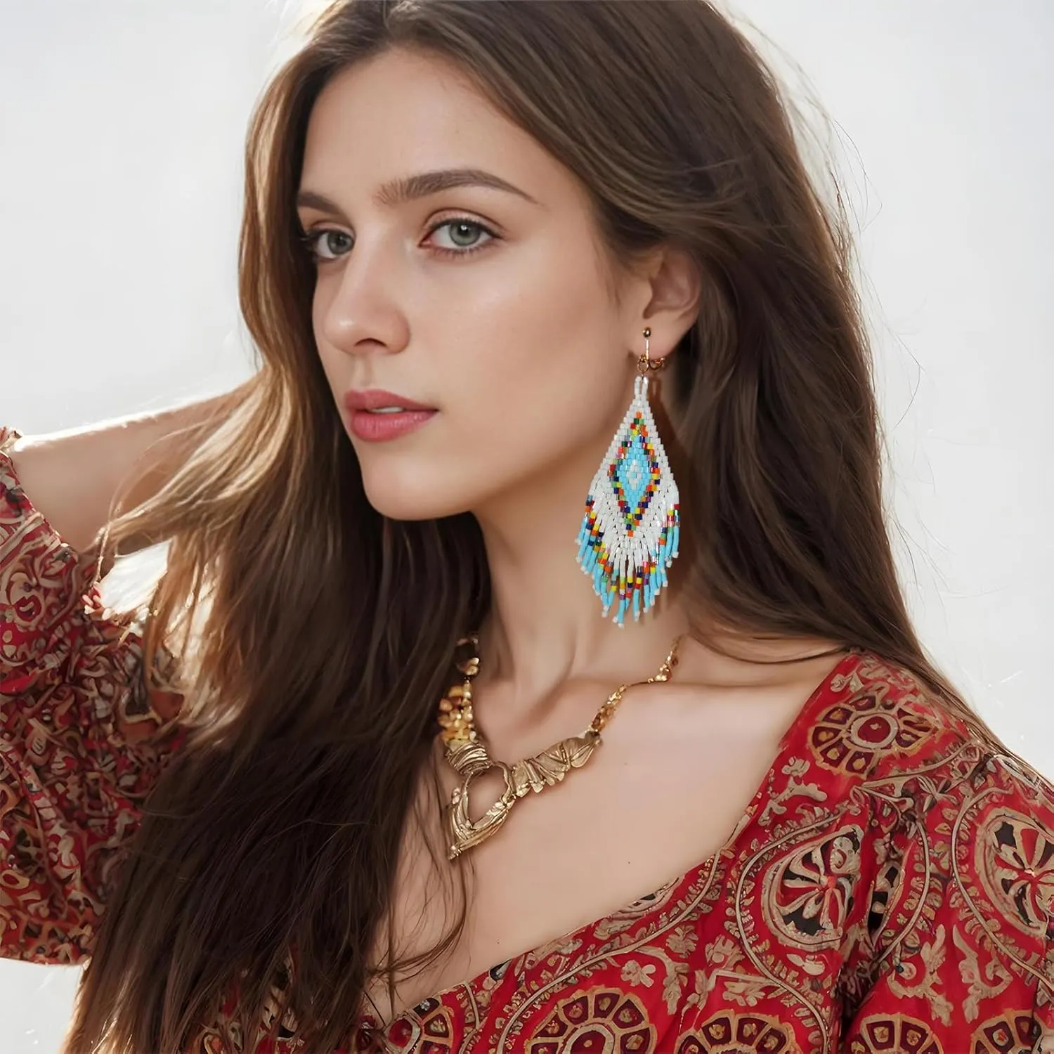 Clip on Dangling Earrings Long Tassel Beaded Boho Stripe Bohemian Earrings No Pierced Seed Bead Tribal Drop Jewelry for Women Party Yellow Blue pink Green Black