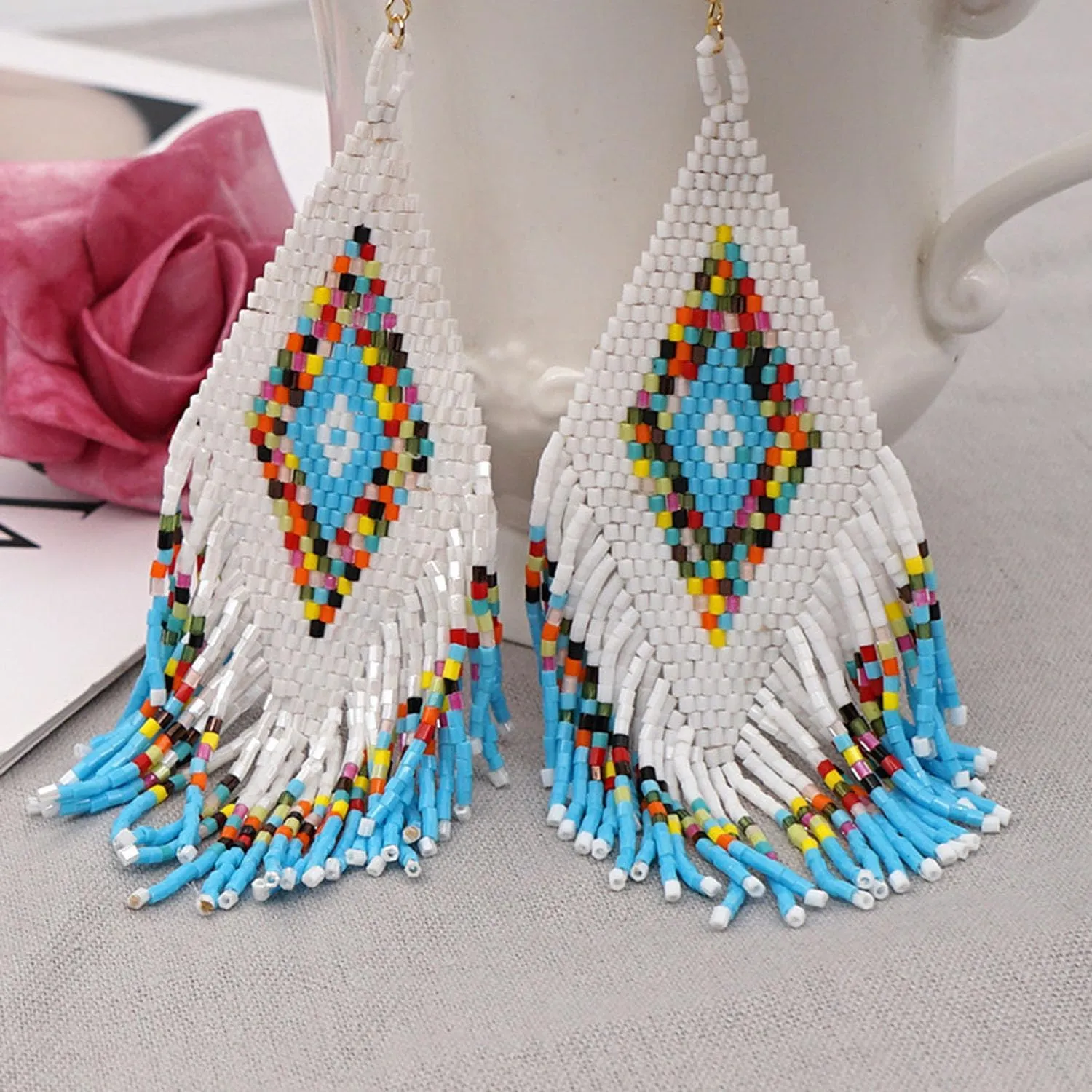 Clip on Dangling Earrings Long Tassel Beaded Boho Stripe Bohemian Earrings No Pierced Seed Bead Tribal Drop Jewelry for Women Party Yellow Blue pink Green Black