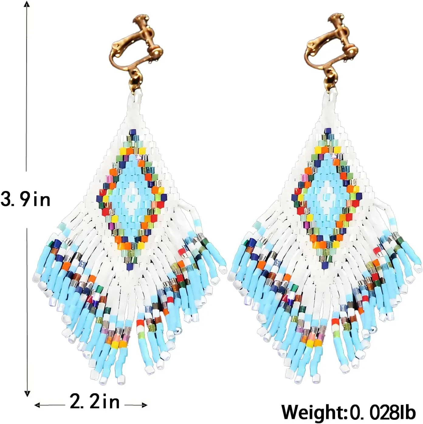 Clip on Dangling Earrings Long Tassel Beaded Boho Stripe Bohemian Earrings No Pierced Seed Bead Tribal Drop Jewelry for Women Party Yellow Blue pink Green Black