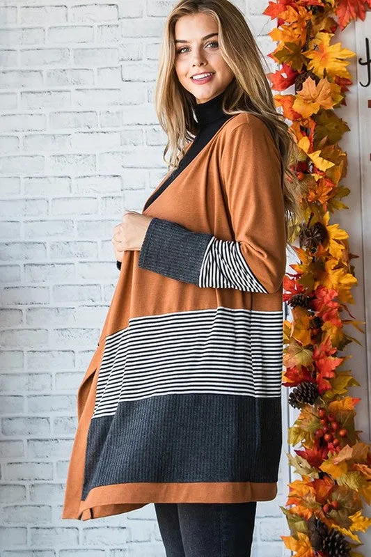 Colorblock Striped Patchwork Open Cardigan