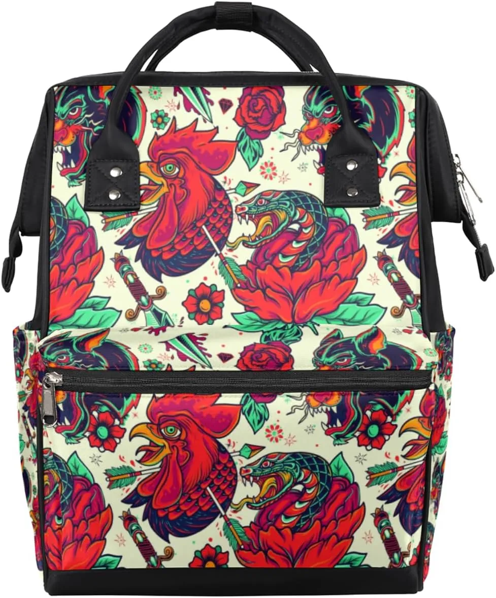 Colorful Animal Tattoo Pattern Diaper Bag Tote Large Capacity Waterproof with Adjustable Shoulder Strap and Pram Straps Mommy Bag for Hospital Beach Weekender Travel