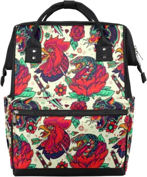 Colorful Animal Tattoo Pattern Diaper Bag Tote Large Capacity Waterproof with Adjustable Shoulder Strap and Pram Straps Mommy Bag for Hospital Beach Weekender Travel
