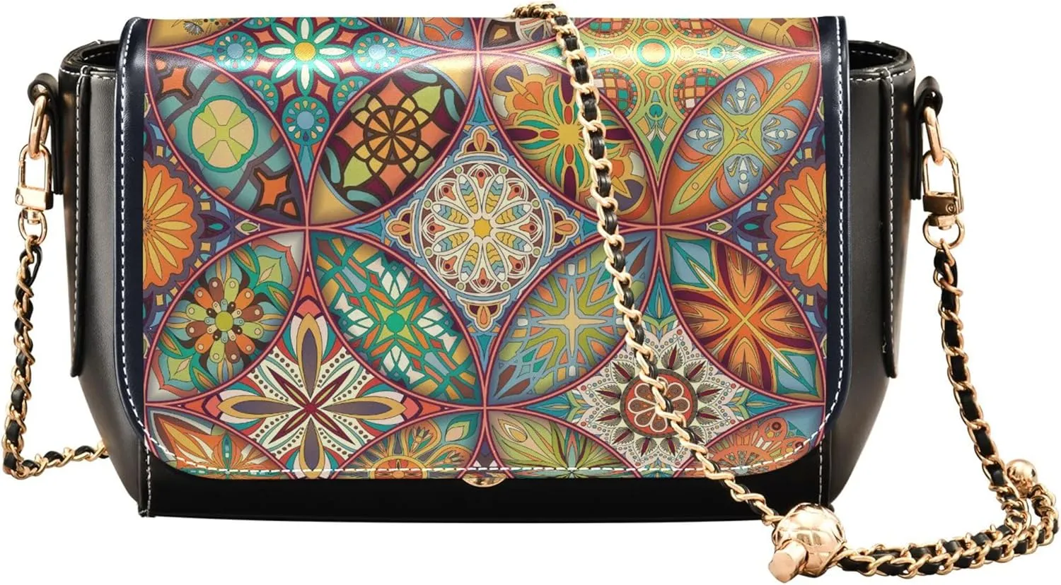Colorful Mandala Geometry Crossbody Purses Women Simple Women Shoulder Leather Bags Clutch Satchel with Chain Strap