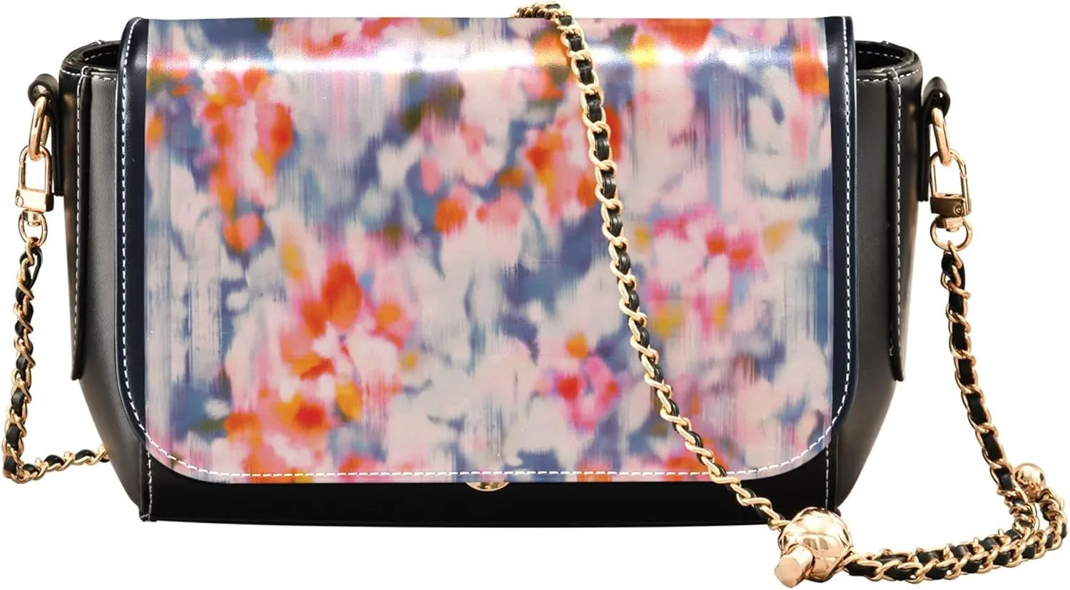 Colorful Women Shoulder Leather Bags, Blurry Fuzzy Floral Repeat Women Crossbody Purse Designer Satchel Chain Strap