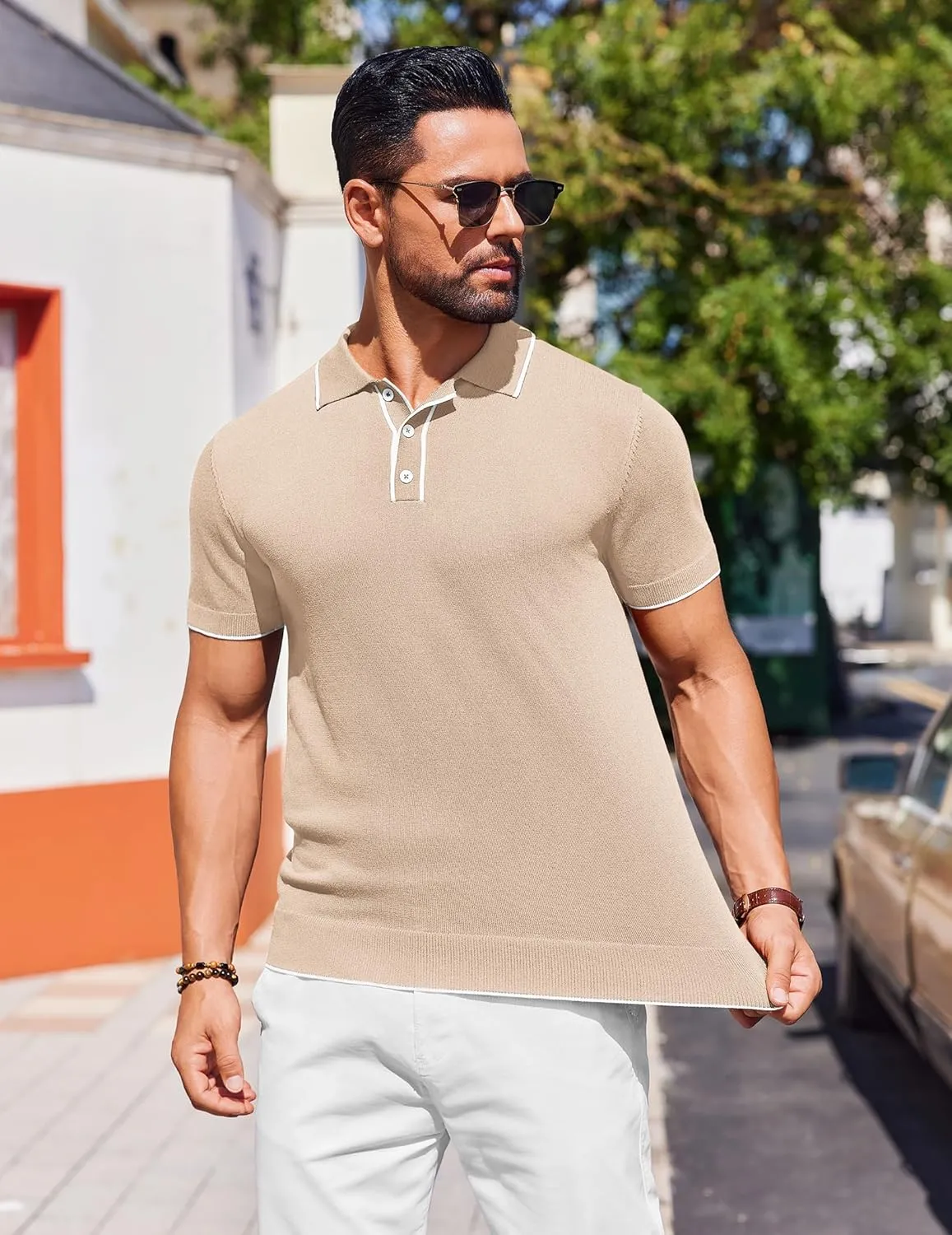 COOFANDY Mens Knit Polo Shirts Short Sleeve Vintage Stretch Polo T Shirts Casual Summer Golf Shirts