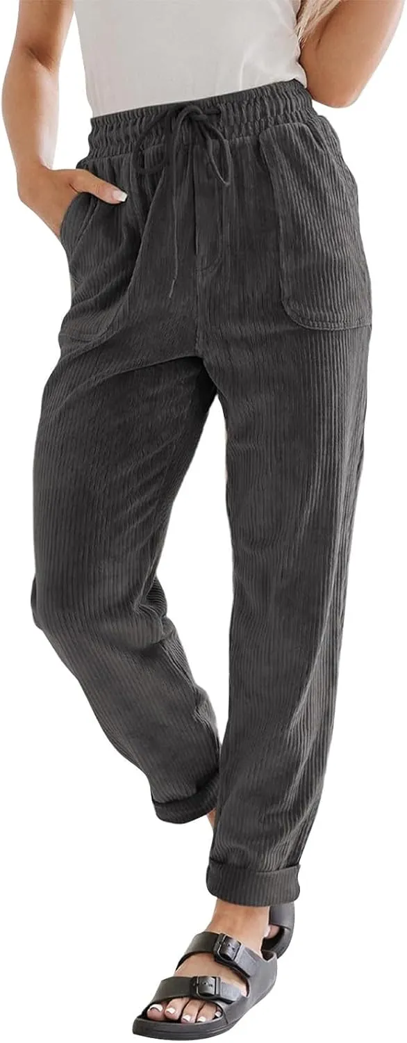 Corduroy Pants for Women Casual Drawstring Elastic High Waisted Straight Leg Pants Loose Comfy Trousers with Pockets