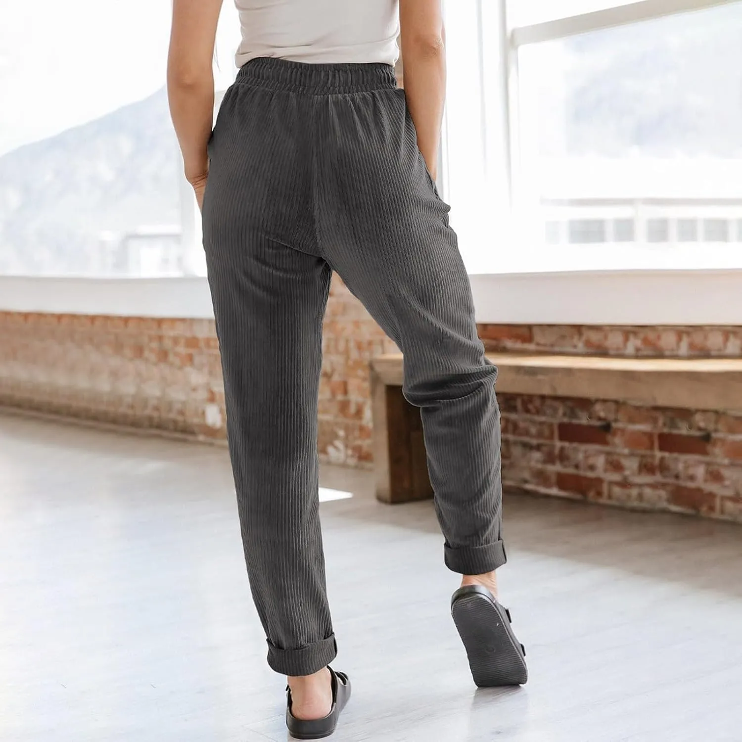 Corduroy Pants for Women Casual Drawstring Elastic High Waisted Straight Leg Pants Loose Comfy Trousers with Pockets